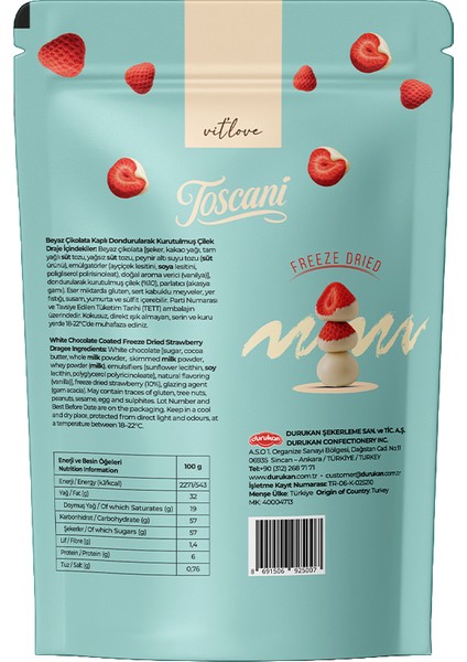 Beyaz Çikolata Kaplı Dondurularak Kurutulmuş Çilek Draje fiyatları