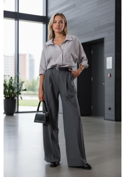 Kadın Premium Kalite Kemerli Gri Palazzo Pantolon