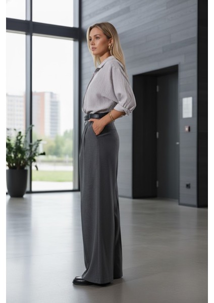 Kadın Premium Kalite Kemerli Gri Palazzo Pantolon fiyatları