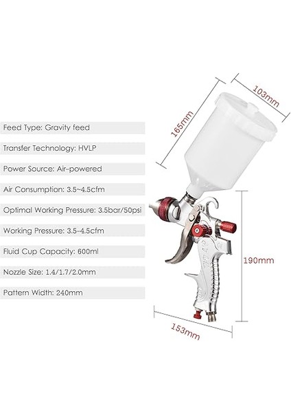 Hvlp Boya Püskürtme Tabancası Kiti Yeri Besleme Hava Püskürtme Tabancası Mini Püskürtme Boya Tabancası Boya Püskürtücü 600ML Bardak ile 1.4/1.7/2.0mm Boyama Için Nozullar Araba Mobilya Duvar modelleri