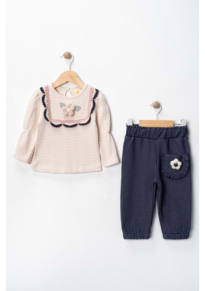 Via Girls Ikili Çiçek Detaylı TAKIM-9778285 - Lacivert