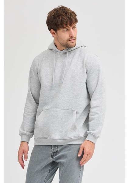 Erkek Gri Melanj Standart Fit Normal Kesim Içi Polarlı 3 Iplik Kapüşonlu Pamuklu Sweatshirt