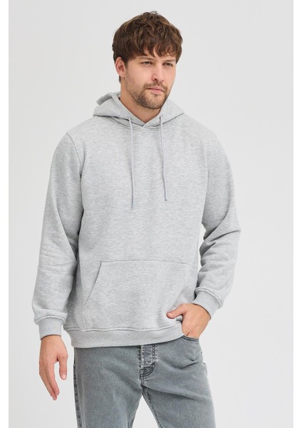 Erkek Gri Melanj Standart Fit Normal Kesim Içi Polarlı 3 Iplik Kapüşonlu Pamuklu Sweatshirt modelleri