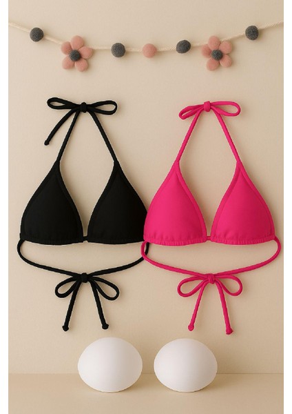 Kadın Siyah ve Fuşya Minimal Kesim Üçgen Bikini Üstü – Modern ve Şık Tasarım