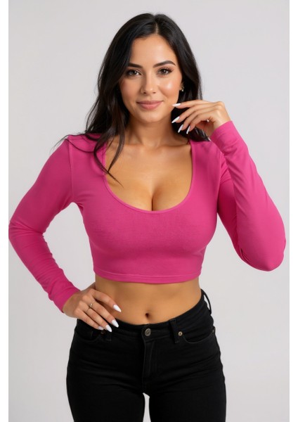 Kadın Fuşya Uzun Kol Kare Yaka Crop Top Bluz – Şık, Rahat ve Kolay Kombinlenebilir fiyatları