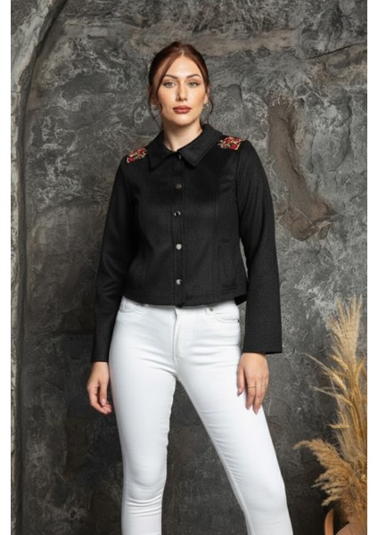 Kadın Western Süet Püsküllü Nakışlı Siyah Ceket