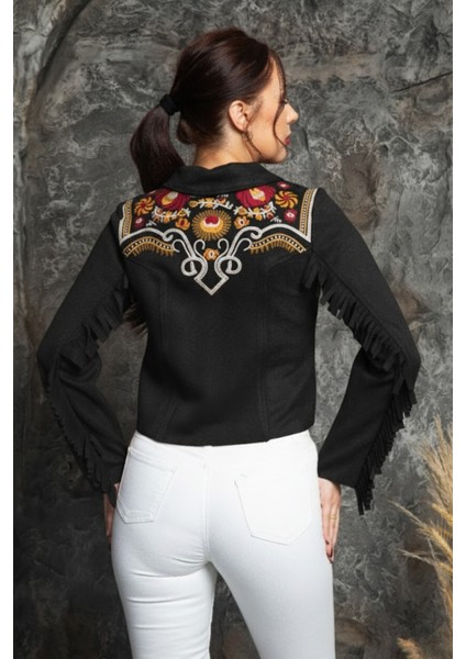 Kadın Western Süet Püsküllü Nakışlı Siyah Ceket fiyatları