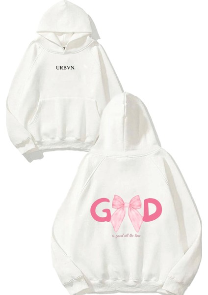 Good Fiyonk Tasarım Baskılı Oversize Beyaz Kapüşonlu Sweatshirt