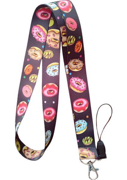 Renkli Donut Desenli Boyun Askı Ipi ve Telefon Askısı + Kartlık