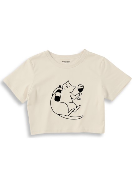 Wine Lover Cat Crop Tişört - Ekru