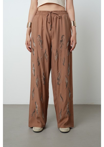 Kadın Önü Taş Işlemeli Düz Renk Beli Lastikli Bol Paça Pantolon