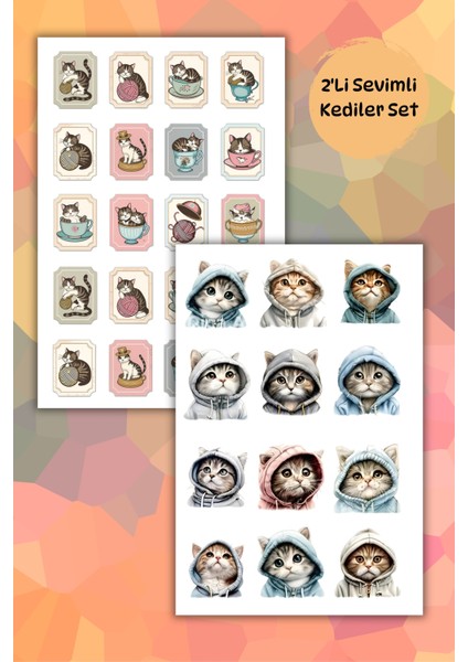 2'li Sevimli Kediler Sticker Seti - Planner Ajanda Bullet Journal Laptop Telefon Için Etiket