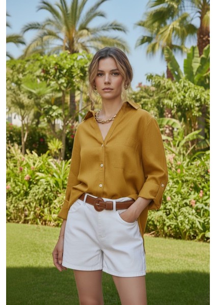 Kadın %100 Keten Olive Relaxed Kalıp Gömlek