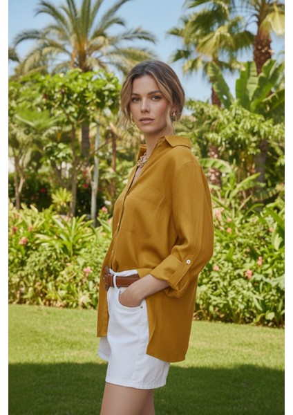Kadın %100 Keten Olive Relaxed Kalıp Gömlek fiyatları