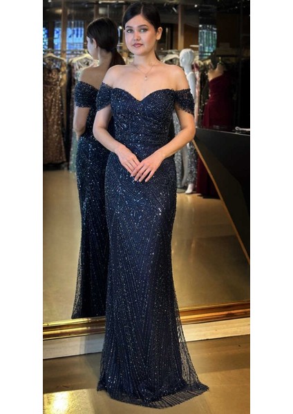 Lacivert Sırt Dekolteli Düz Kesim Pullu Boncuklu Uzun Abiye Elbise 11044