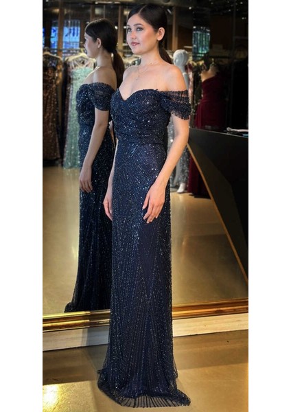 Lacivert Sırt Dekolteli Düz Kesim Pullu Boncuklu Uzun Abiye Elbise 11044 fiyatları