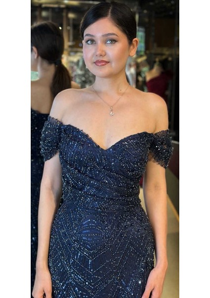 Lacivert Sırt Dekolteli Düz Kesim Pullu Boncuklu Uzun Abiye Elbise 11044 modelleri