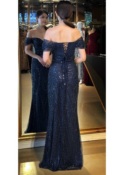 Lacivert Sırt Dekolteli Düz Kesim Pullu Boncuklu Uzun Abiye Elbise 11044 indirimleri