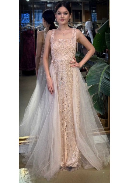 Pudra Renk Kare Yaka Kalın Askı Çıkarılabilir Kuyruk Pullu Boncuklu Uzun Abiye Elbise 11055-02