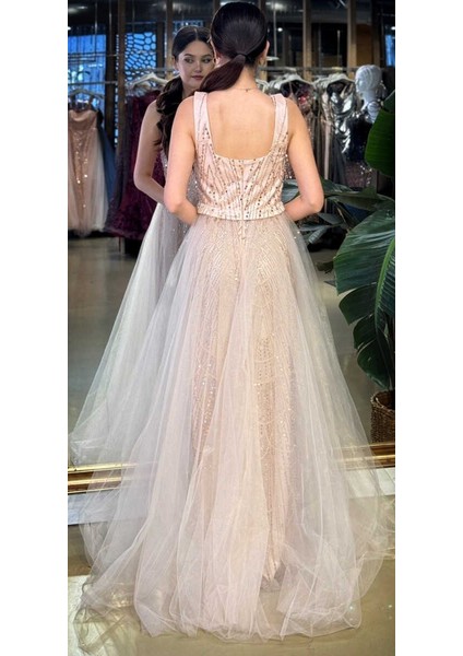 Pudra Renk Kare Yaka Kalın Askı Çıkarılabilir Kuyruk Pullu Boncuklu Uzun Abiye Elbise 11055-02 fırsatları