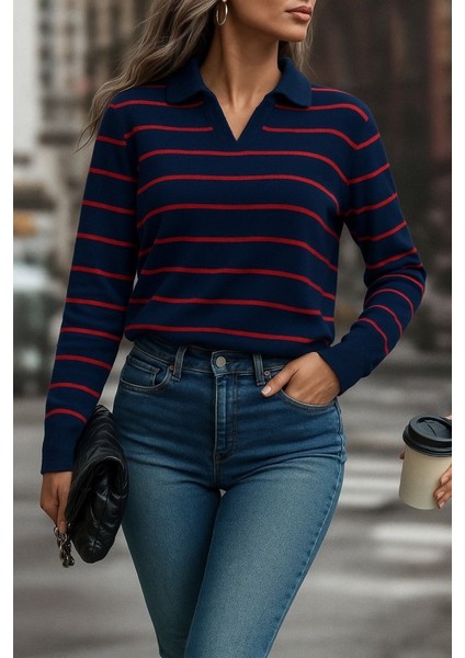 Kadın Uzun Kollu V Yaka Çizgili Triko Bluz