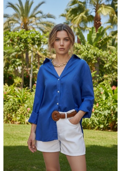 Kadın %100 Keten Saks Relaxed Kalıp Gömlek