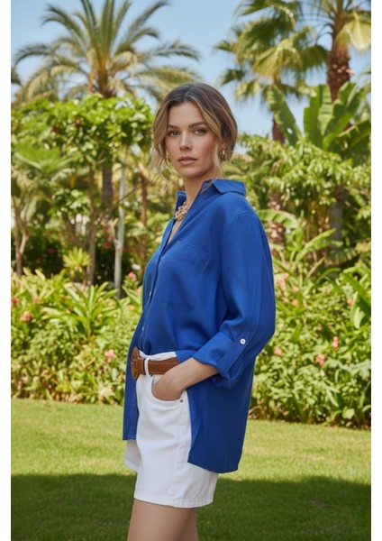 Kadın %100 Keten Saks Relaxed Kalıp Gömlek fiyatları