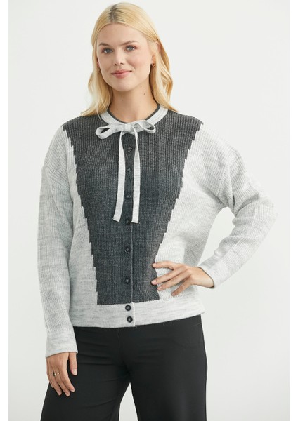 Yünlü Çift Renk Düğmeli Triko Hırka - Açık Gri