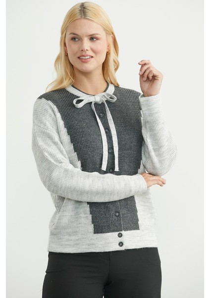Yünlü Çift Renk Düğmeli Triko Hırka - Açık Gri fiyatları