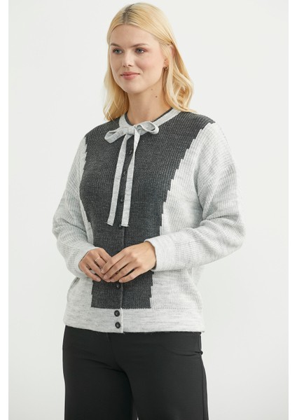 Yünlü Çift Renk Düğmeli Triko Hırka - Açık Gri modelleri
