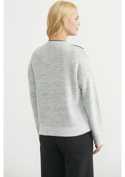 Yünlü Çift Renk Düğmeli Triko Hırka - Açık Gri indirimleri