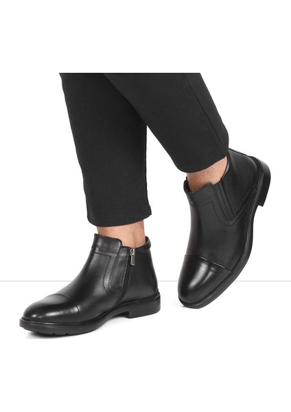 Erkek Siyah Fermuarlı Klasik Deri Bot