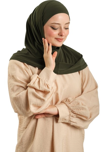 Haki Pratik Hazır Geçmeli Boru Boneli Ikili Tesettür Eşarp Sandy Düz 2501_09