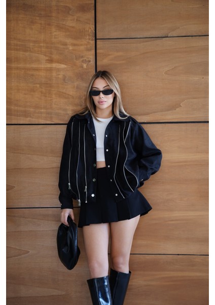 Kadın Bordo Fermuar Detaylı Kısa Ceket Bomber Gömlek Yaka Baharlık Ceket