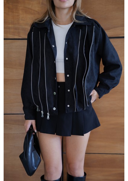 Kadın Bordo Fermuar Detaylı Kısa Ceket Bomber Gömlek Yaka Baharlık Ceket