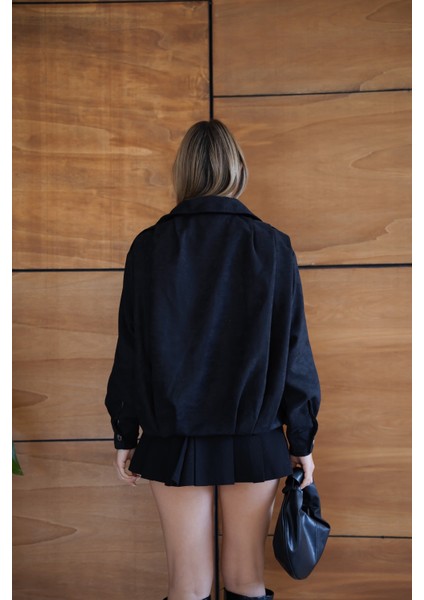 Kadın Bordo Fermuar Detaylı Kısa Ceket Bomber Gömlek Yaka Baharlık Ceket