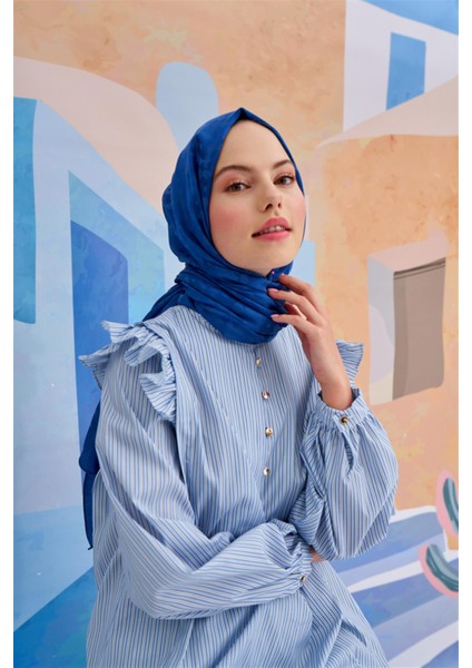 Çiçek Desen Jakar Italyan Ipekli Şal Indigo