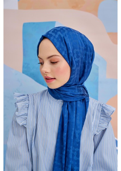 Çiçek Desen Jakar Italyan Ipekli Şal Indigo