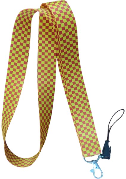 Sarı Kırmızı Dama Kare Desenli Boyun Askı Ipi ve Telefon Askısı + Kartlık