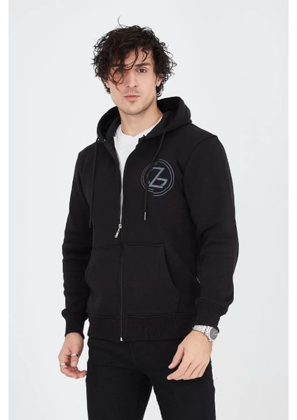 Erkek Kapüşonlu Baskılı Fermuarlı Hırka - Siyah modelleri