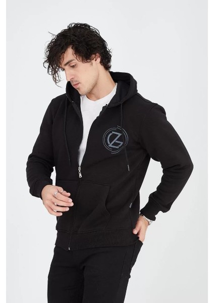 Erkek Kapüşonlu Baskılı Fermuarlı Hırka - Siyah fırsatları