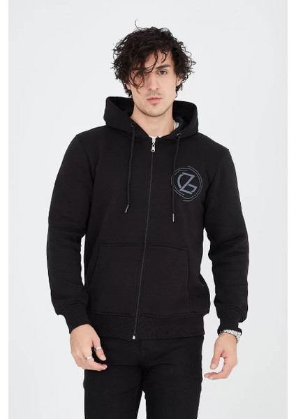 Erkek Kapüşonlu Baskılı Fermuarlı Hırka - Siyah indirimleri