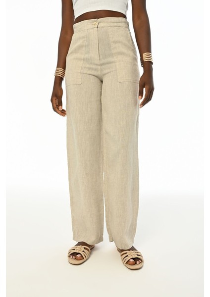 Kadın Rahat Kalıp Bol Paça Natur Renk Pantolon