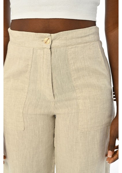 Kadın Rahat Kalıp Bol Paça Natur Renk Pantolon modelleri