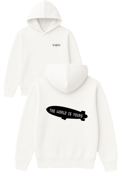 The World Is Yours 1 Tasarım Baskılı Oversize Beyaz Kapüşonlu Sweatshirt