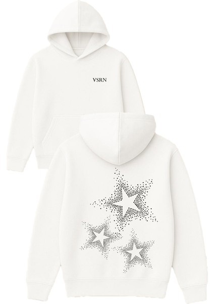Pırlantalı Yıldızlar Tasarım Baskılı Oversize Beyaz Kapüşonlu Sweatshirt