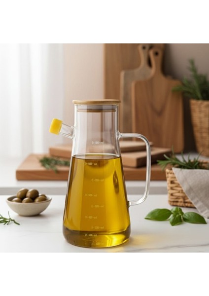 Bambu Kapaklı Vakumlu Borosilikat Cam Yağlık - Yağdanlık, Sirkelik 900 ml