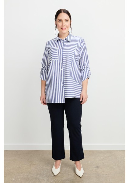 Büyük Beden Soyut Çizgi Gömlek-Indigo fiyatları