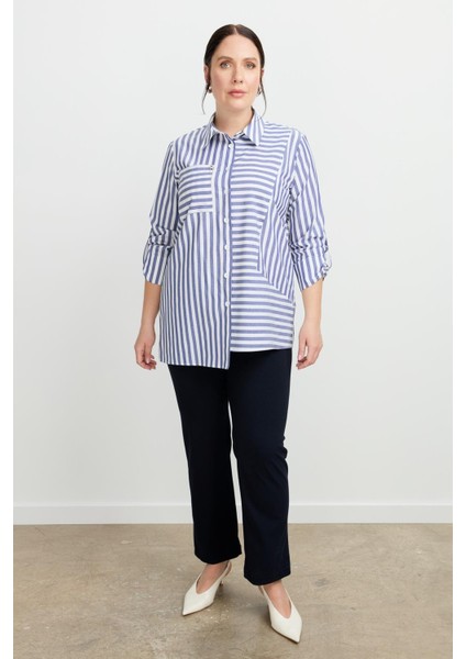 Büyük Beden Soyut Çizgi Gömlek-Indigo fırsatları