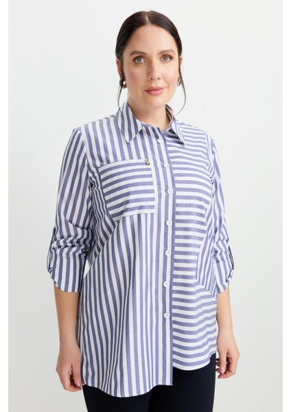 Büyük Beden Soyut Çizgi Gömlek-Indigo indirimleri